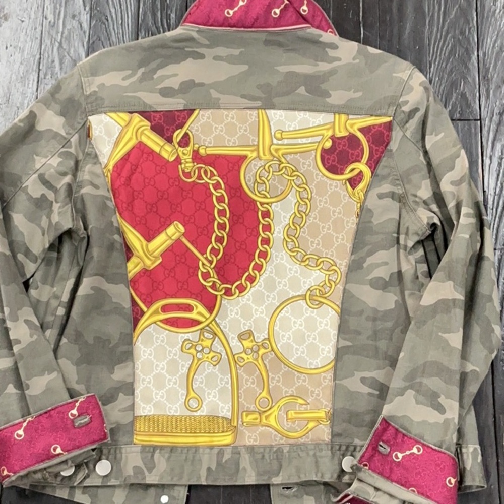 Gucci silk scarf denim jacket